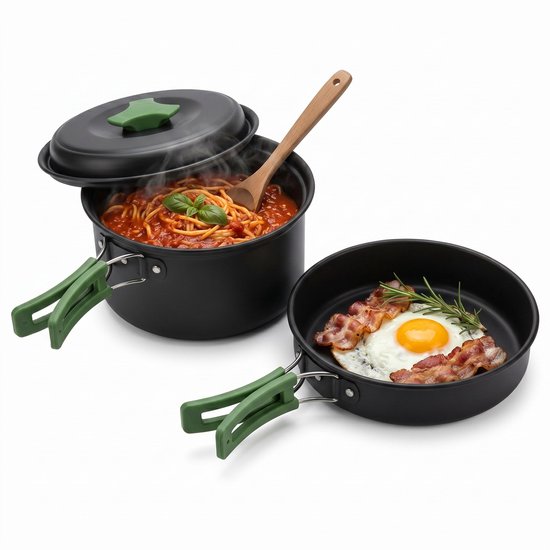 Lomera Camping Pannenset Set van 2 - Kookset - Camping Kookset - Aluminium - Kookgerei - Outdoor Kookset - Lichtgewicht met Inklapbare Handvatten - Pan met Deksel - voor Hiking - Trekking - Picknick - Festival en Wandelen - 2 Personen