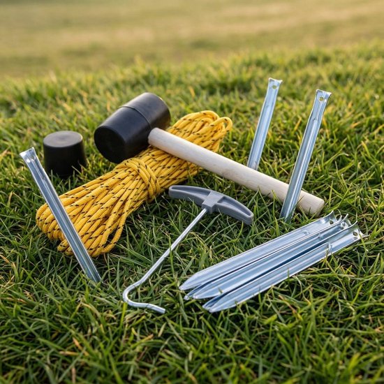 Lomera Campingset 9-Delig - Tentharingen - Hamer met Haringtrekker - Touw - Kampeerartikelen voor Kamperen en Outdoor - Tenthamer - Campinghamer - Tent Accessoires - Kampeerset - Haringen - Camping - Kampeerspullen - Vakantie - Festival van Merkloos