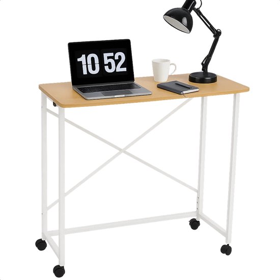 Lomera Inklapbare Wandtafel - Inklapbare Tafel - Draagbare Tafel - Wit Metaal - Met Wielen - Tafelblad Met Afgeronde Hoeken - Multifunctionele Tafel - Bijzettafel - Mobiele Tafel - Haltafel - Laptop Tafel - Vouwtafel van Merkloos