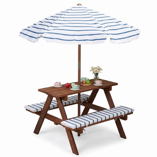 Lomera Kinderpicknicktafel met Parasol - Picknickset voor Kinderen - Kindertuinset - Picknicktafel - Tuintafel met Bankjes en Kussens - Kinderpicknick - Kindertuinmeubel - Kindertafel - Buitentafel - Tuinstoel - Bistroset - Patio Set