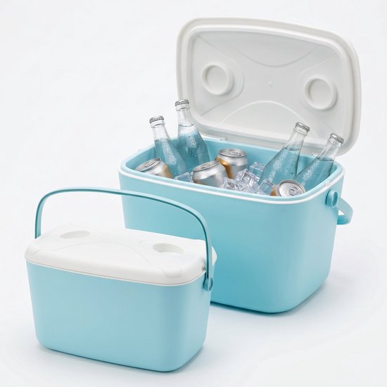 Lomera Koelbox Set van 2 - Draagbare Koelbox voor Camping - Strand - Picknick en Auto - Koelkist met Handvat - Coolbox - Koeltas - Frigobox - Koelbox Klein en Groot - Stapelbaar voor Outdoor en Reizen - Lichtblauw Wit