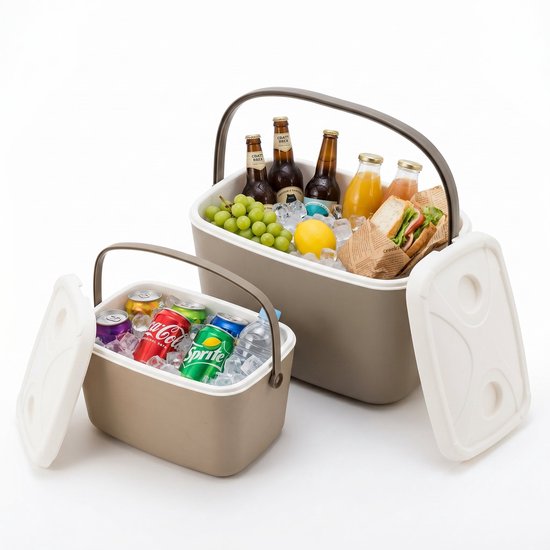 Lomera Koelbox Set van 2 - Koeltas - Koelboxen - Draagbare Koelbox 2 Stuks - Koelbox voor Camping - Koelbox voor Picknick - Koelbox voor Strand - Koelbox met Deksel en Handvat - Koelbox zonder Stroom - Frigobox - Coolbox - Taupe