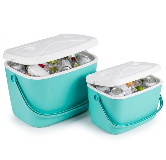 Lomera Koelbox Set van 2 - Koeltas - Kunststof Koelbox - Draagbare Koelbox met Handvat en Deksel - Voor Camping, Picknick en Strand - Mini Koelbox - Compacte Coolbox - In Elkaar Passend voor Onderweg, Auto, Tuin en Festival