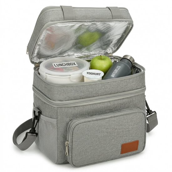 Lomera Koeltas - Lunchtas - Geïsoleerd - Opvouwbaar - Picknicktas - Thermotas - Koeltasje voor Volwassenen - Schoudertas - Coolerbag - Lunch Bag - Isolatietas voor Werk - Dubbel Compartiment - Waterafstotend - Lunchbox - Grijs