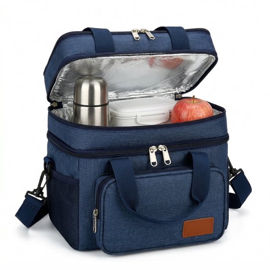 Lomera Koeltas - Lunchtas met Dubbel Compartiment - Thermotas - Picknicktas - Geïsoleerd Koeltasje - Opvouwbaar - Lunch Bag - Coolerbag - Isolatietas voor Werk en School - Warmhoudtas - Lunchbox met Schouderriem - Schoudertas - Blauw van Merkloos