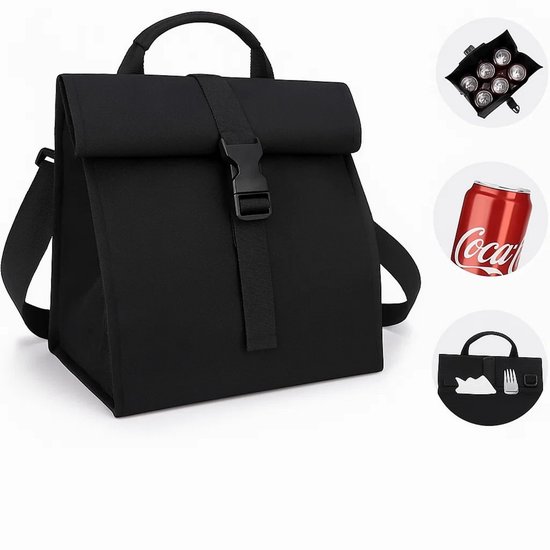 Lomera Koeltas Schoudertas - Spatwaterdicht - Thermisch Geïsoleerd - Lichtgewicht Koeltas - Voor 12 Blikjes - Afsluitbare Koeltas - Verstelbare Schouderband - Insteekvak Achterzijde - Oxford Cloth Materiaal - Zwarte Koeltas van Merkloos