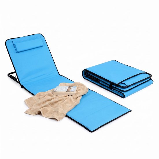 Lomera Strandmat Set van 2 - Strandstoel Opvouwbaar - Strandbed - Verstelbare Rugleuning - Hoofdkussen - Draagtas - Inklapbaar - Campingstoel - Ligstoel - Strandligbed - Vouwstoel - Klapstoel - Strandhanddoek - Lichtblauw - Picknick