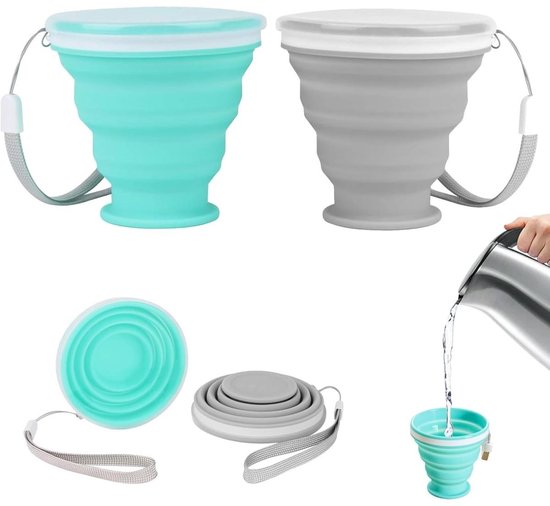 longziming -2 stuks opvouwbare siliconen bekers met deksel – BPA-vrij, herbruikbaar en lekvrij – inklapbare drinkbeker voor reizen, kamperen, wandelen en picknick – milieuvriendelijk en draagbaar