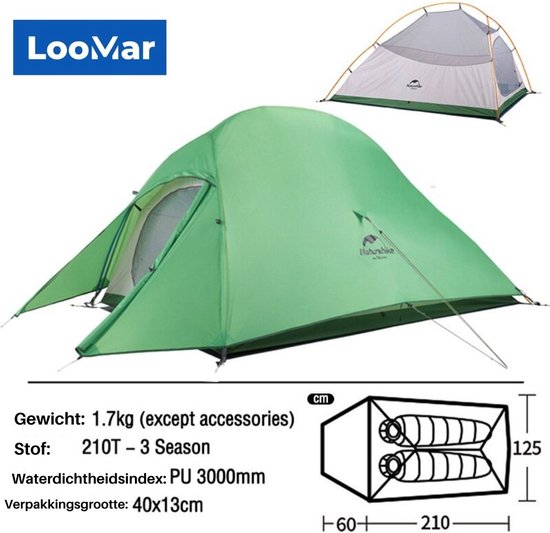 LooMar Tent 2 persoons - Groen - Waterdicht - Lichtgewicht - Groen - Kamperen - Camping tent van Merkloos