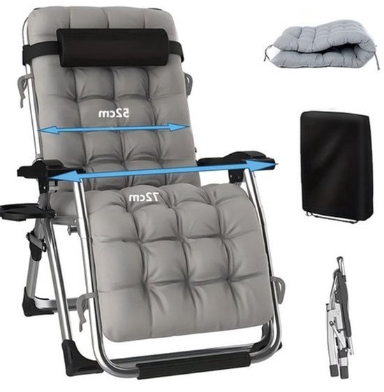 Lounge Stoel – Inklapbare Tuinstoel – Campingstoel – Relaxstoel – Balkonstoel – Verstelbare Rugleuning – Stevig IJzeren Frame – 72 cm Zilverkleurig – Afneembare Kussens – Inclusief Hoofdsteun en Tray Tafel
