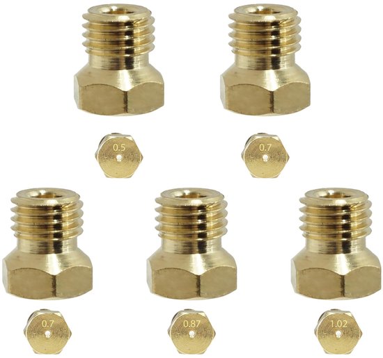 LPG-sproeiers set van 5 - messing - universeel - vervanging - gasfornuis - kookplaten - verschillende maten 0,5-0,95 mm - Gasinjectoren