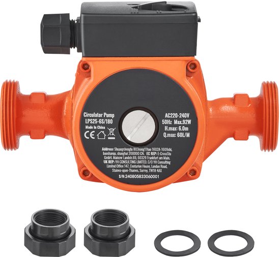 LPS25-6S-180 Circulatiepomp – 220 V, 92 W, 60 L/min, Warmwaterpomp, 1-1/2 Inch NPT Schroefdraad, 3-Snelheden Pomp, Stille werking voor Warmwater Systeem in Huis van Merkloos