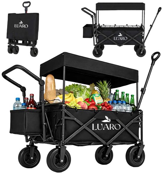 LUARO - Opvouwbare Bolderkar met Dak - Maximaal Belastbaar 120 kg - Met Dak en Bagagenet - Strand en Camping Transportwagen - 120 x 50 x 95 cm - Opgevouwen 86 x 50 x 75 cm - Zwart van Merkloos