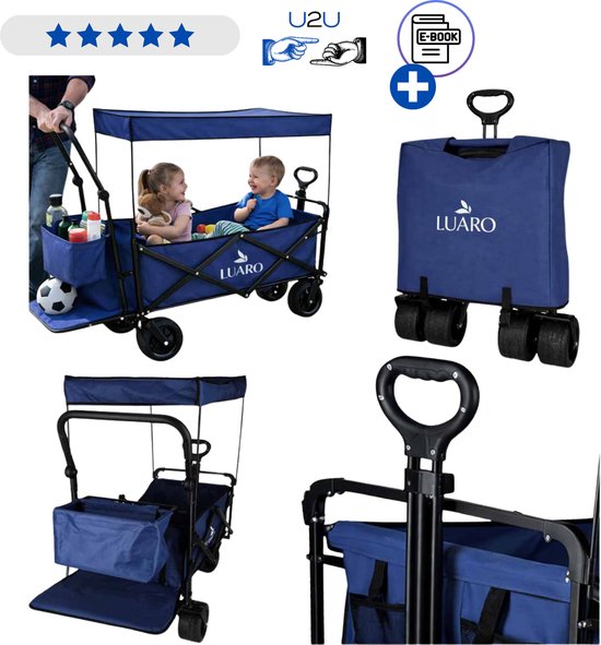 LUARO Opvouwbare Bolderkar met Dak Navy Blauw - Offroad Strandwagen Transportkar met Grote Wielen en Verstelbare Handgreep - Campingkar Tuinkar Reiswagen voor Strand Festivals en Kamperen - Belastbaar tot 120 kg Met Ebook van Merkloos