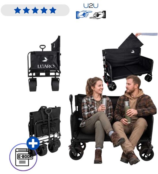 LUARO Opvouwbare Transportkar Met Zitje En Rugleuning – Camping Trolley Met All Terrain Wielen Verstelbare Handgreep En Remmen Opvouwbare Bolderkar Voor Strand Boodschappen En Kamperen Zwart Met Ebook van Merkloos