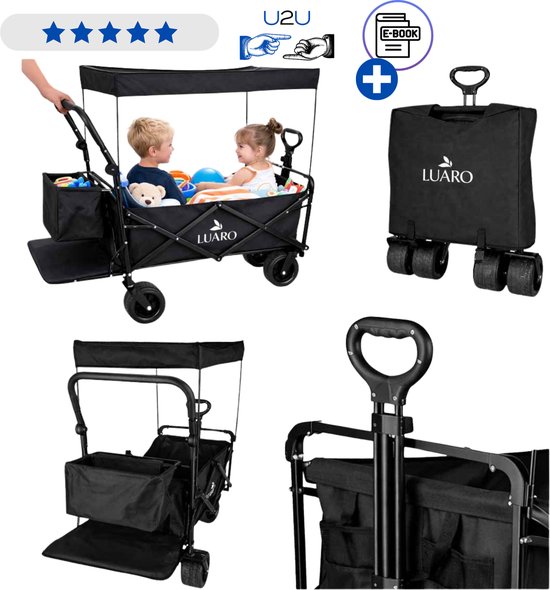 LUARO XL Opvouwbare Bolderkar met Dak - Offroad Hiking Cart met Grote Wielen, Verstelbare Handgreep en Zwenkwielen - Campingkar Strandwagen Transportkar Tuinkar voor Kamperen Festivals en Boodschappen - Belastbaar tot 120 kg Zwart Met Ebook van Merkloos