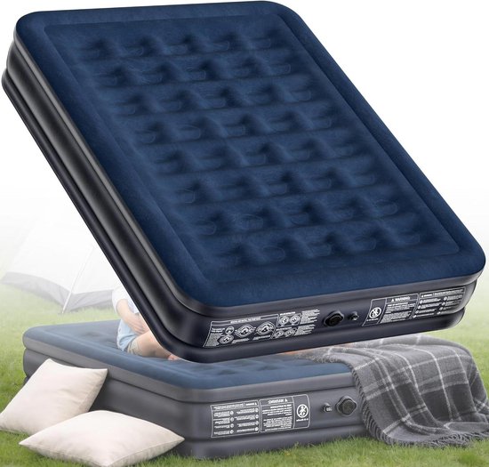 Luchtbed 2 personen - Opblaasmatras - Kamperen thuis logeren - Zelfopblazend met pomp - 203x152x38cm - Grijs blauw