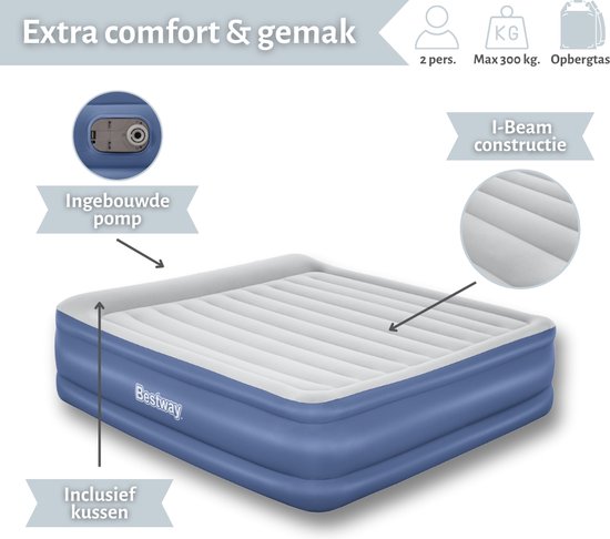 Luchtbed 2 Persoons - Ingebouwde Luchtpomp - Bestway Comfort Quest - 203x152 cm - 38 cm Dik - Snel Opgeblazen in 240 Seconden! Hoog Draagvermogen 300kg - Incl Draagtas - Blauw/Grijs
