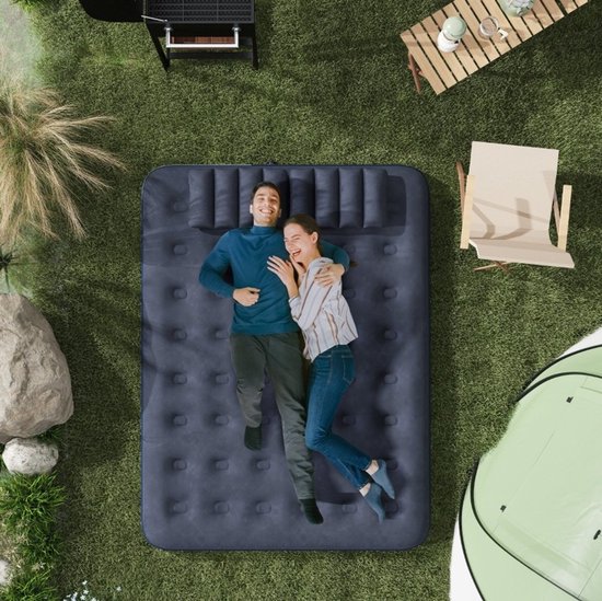 Luchtbed 203x152 cm – Dubbele Luchtmatras met Handpomp – 2 Hoofdkussens – Zonder matras – Blauw