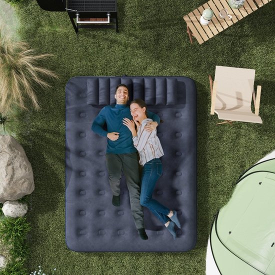 Luchtbed 203x152x22 cm – Tweepersoons Opblaasbaar Bed Met Ingebouwde Handpomp En 2 Kussens – Voor Camping En Gasten – Blauw