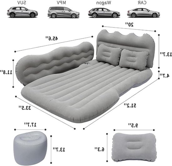 Luchtbed Auto - Opblaasbaar Matras - Comfortabel Slapen - Ergonomisch Ontwerp - Universeel - Grijs