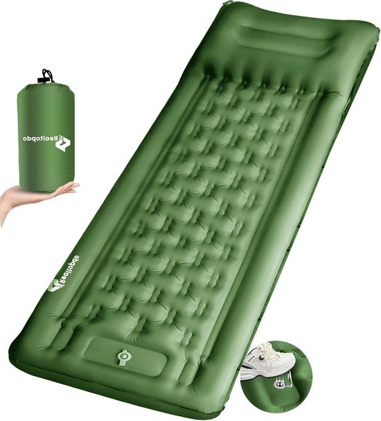 Luchtbed campingmatras 12cm zelfopblazend slaapmatje ultralicht wandelmatras met voetpomp waterdicht opvouwbaar voor kamperen tent wandelen strand-Groen van Wolketon