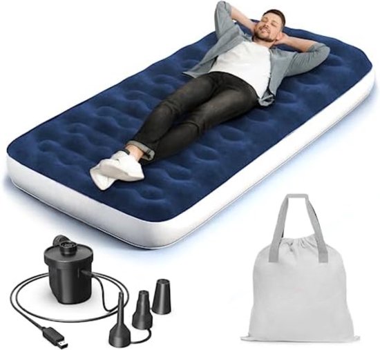 Luchtbed met Ingebouwde Pomp - Luchtbed Zelfopblaasbaar - Slaapmat Zelfopblazend - Luchtbed 1 Persoons met USB-oplaadkabel en voetpomp - 99 x 203 x 22 cm - Blauw/Wit van Evergreen Goods