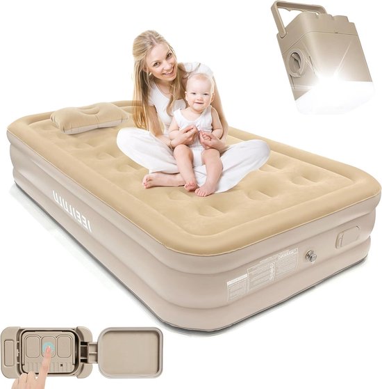 Luchtbed met Pomp - Draagbaar Matras - Extra Slaapplaats - Inclusief Nachtlampje - 190 x 100 cm - Beige