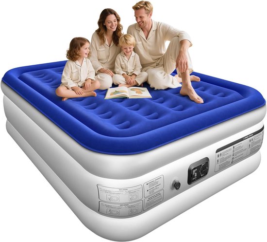 Luchtbed met Pomp - Opblaasbaar Matras - Snel Slapen - Geïntegreerde Pomp - Queen Size 45cm - Blauw Wit