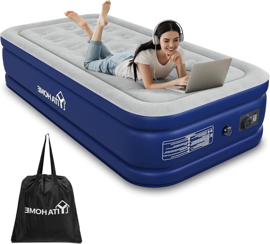 Luchtbed opblaasbaar met elektrische pomp - logeerkamer camping - blauw grijs van Intex