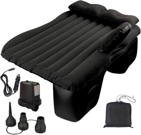 Luchtbed voor in de auto - Zwart - Opblaasbaar autobed - Bed voor de achterbank - 12V elektrische luchtpomp - 3 Adapters - Comfortabel camping slaapmatras - Matras voor onderweg - Luchtmatras - Snel oppompen en leeglopen van TravelMore