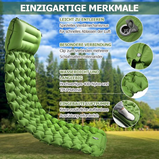 Luchtmatras - Groen - 10 cm Hoog - Opblaasbare Isolatiemat met Ingebouwde Voetpomp - Voor Outdoor en Camping