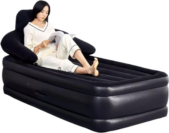 Luchtmatras met Hoofdeinde - Luchtbed Campingbed - Comfortabel Slapen - Ingebouwde Pomp - 188x99x43CM - Zwart