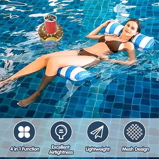 Luchtmatras voor Volwassenen en Kinderen, Waterhangmat met Net, Duurzaam Waterhangmat met Opblaasbare Bekerhouder, 4-in-1 Luchtmatras met Net, voor Zwembaden Stranden (Blauw) van Merkloos