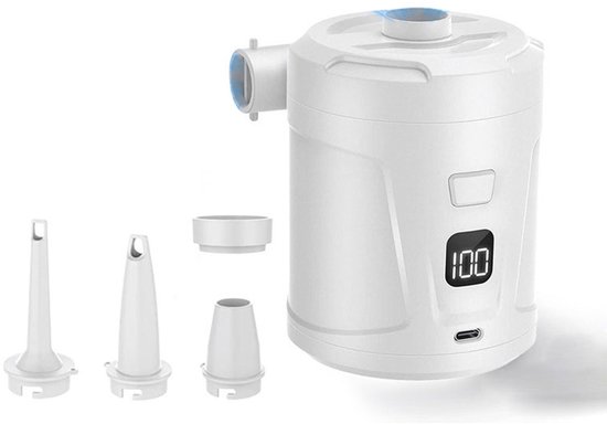 Luchtpomp-Luchtcompressor - Elektrische luchtpomp - Zwembadpomp-Draagbaar- Met LED-batterij-indicator-5200 mAh - 40 0 l/min-Oplaadbare accu - Met 4 spuitmonden - Snelpomp voor boot/luchtbed - wit van Merkloos