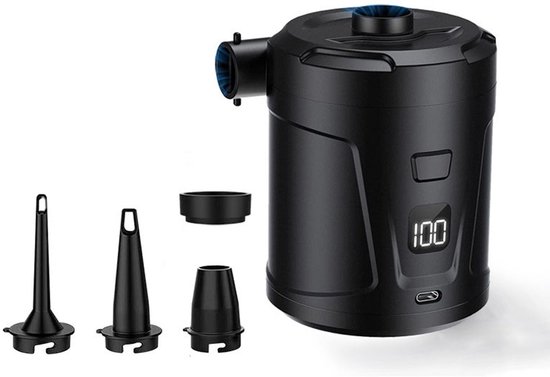 Luchtpomp-Luchtcompressor - Elektrische luchtpomp - Zwembadpomp-Draagbaar- Met LED-batterij-indicator-5200 mAh - 40 0 l/min-Oplaadbare accu - Met 4 spuitmonden - Snelpomp voor boot/luchtbed - zwart van Merkloos