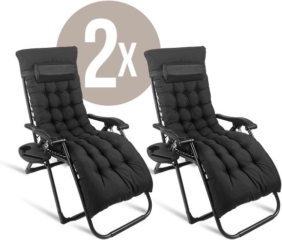 Lugia Opvouwbare Ligstoel 2-Pack – Verstelbare Tuinstoelen met Kussen & Bekerhouder – Luxe Campingstoelen Set van 2 – Inklapbaar – Zwart van Merkloos