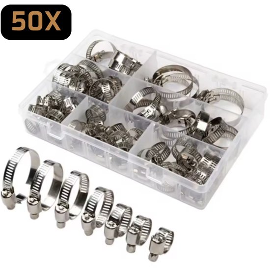 LUKARDIE® Slangklemmen Set - 50 Stuks - RVS Roestvrij Staal - Assortiment 6mm t/m 29mm (1/4" - 1-1/8") - Wormwiel Slangklem - Voor Sanitair, Auto & Tuin - Inclusief Opbergbox van Merkloos
