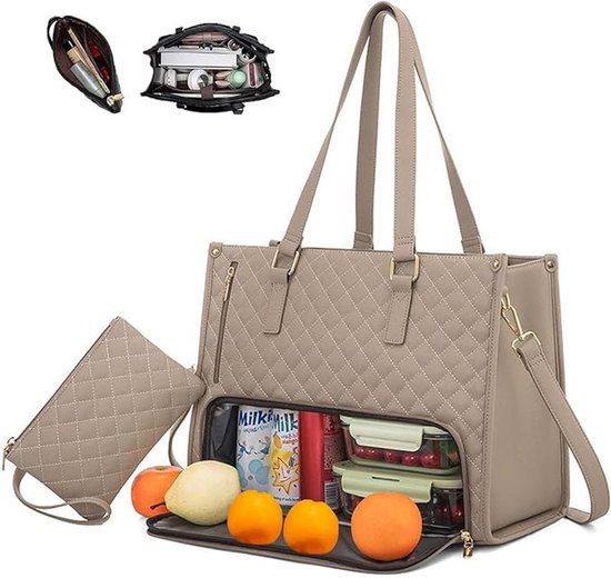Lunch Tas, 2-in-1 Lunch Tas Handtas Combinatie, 15,6-inch Handtas Met Geïsoleerde Lunch Kamer, Lunch Tas, Vrouwen Koeltas, School Kantoor Isolatie Tas (kaki) van Lovevook