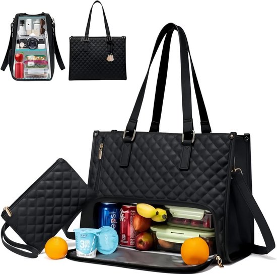 Lunch tas, 2-in-1 lunch tas handtas combinatie, 15,6-inch handtas met geïsoleerde lunchkamer, lunch tas, vrouwen koeltas, buitenwerk school kantoor isolatie tas (zwart) van Merkloos