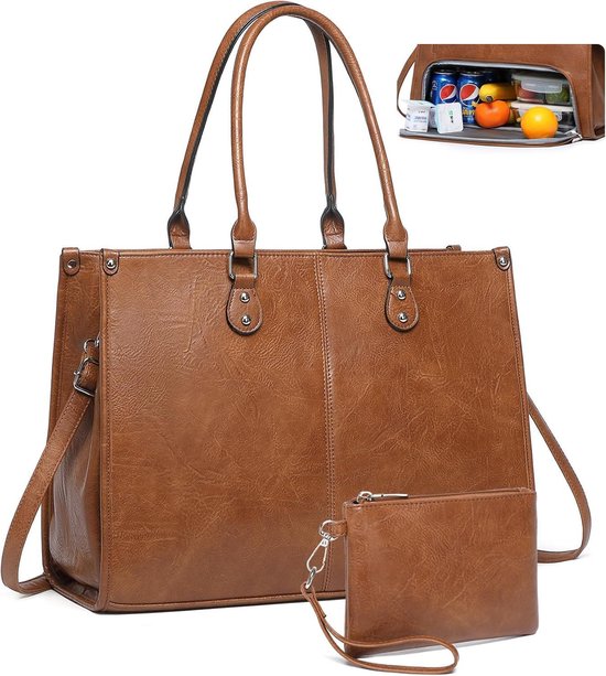 Lunch Tas - 2-in-1 Lunch Tas Handtas Combinatie - Vegane Leder Laptop tas - 15,6-inch Handtas Met Geïsoleerde Lunch Kamer - Lunch Tas - Vrouwen Koeltas - School Kantoor Isolatie Tas - bruin van Merkloos