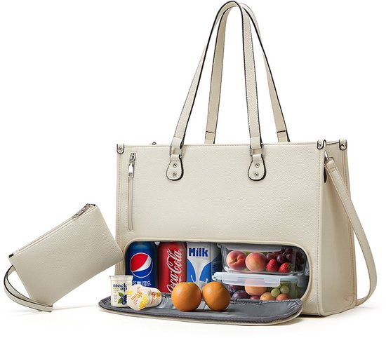 Lunch Tas - 2-in-1 Lunch Tas Handtas Combinatie - Vegane Leder Laptop tas - 15,6-inch Handtas Met Geïsoleerde Lunch Kamer - Lunch Tas - Vrouwen Koeltas - School Kantoor Isolatie Tas - Wit van Merkloos