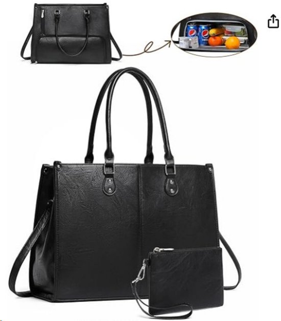 Lunch Tas - 2-in-1 Lunch Tas Handtas Combinatie - Vegane Leder Laptop tas - 15,6-inch Handtas Met Geïsoleerde Lunch Kamer - Lunch Tas - Vrouwen Koeltas - School Kantoor Isolatie Tas - Zwart van Merkloos