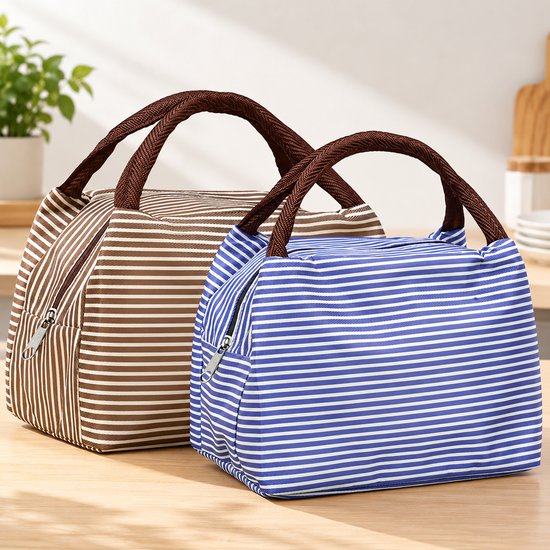 Lunch Tas Koeltas 2 Stuks, Geïsoleerde Lunchbox Tas met Oxford Stof, Opvouwbare Thermotas 23 × 17 × 13 cm voor School, Werk, Picknick en Reizen, Blauw Gestreept & Khaki Gestreept