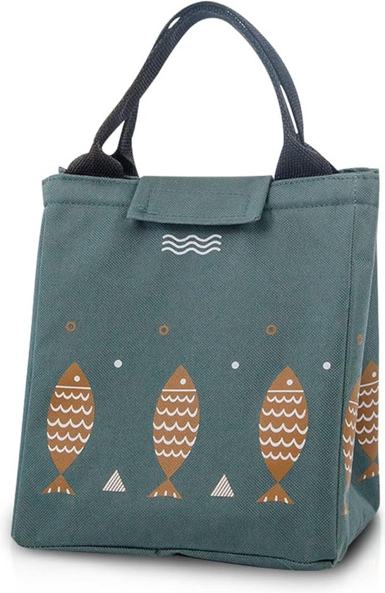 Lunchbag met isolatie - Groene lunchbag met vissen - Koeltas van Oxford stof voor lunch en broodtrommel. van Bacilona
