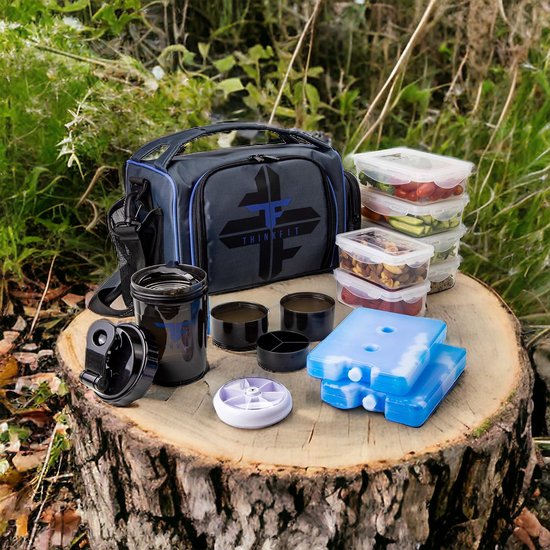 Lunchbox met 6 Meal Prep Boxes - BPA-vrij, herbruikbaar, magnetron- en vriezerbestendig - Lunchtas met Shaker Cup Pill Organizer Schouderriem en Ice Packs - Blauwe koeltas van Merkloos