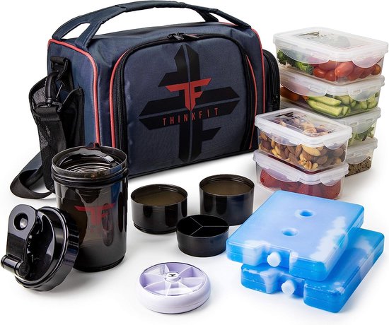 Lunchbox met 6 Meal Prep Boxes - BPA-vrij, herbruikbaar, magnetron- en vriezerbestendig - Lunchtas met Shaker Cup Pill Organizer Schouderriem en Ice Packs - Koeltas Rood van Merkloos