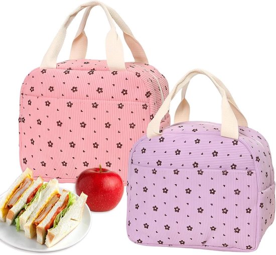 Lunchbox Set - Roze en Paarse Koeltas - Geïsoleerde Corduroy Lunchtas - Buitenzakken - Werk, Familie, Picknick - 2 Stuks van Merkloos
