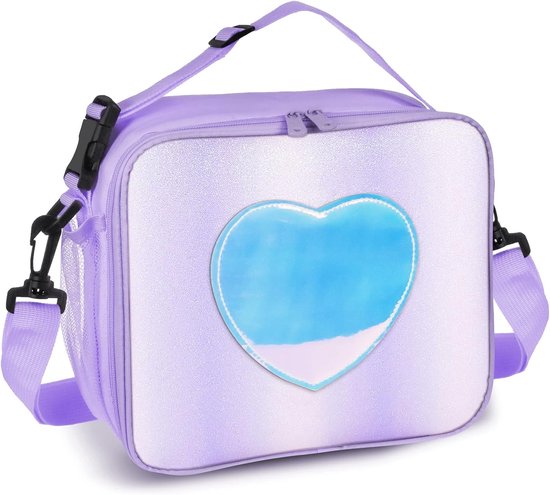 Lunchbox voor kinderen, meisjes, geïsoleerde regenboogtas, lekvrije thermische koeltas, herbruikbare lunchtas voor school, kantoor en buiten (paars met riem) van Merkloos