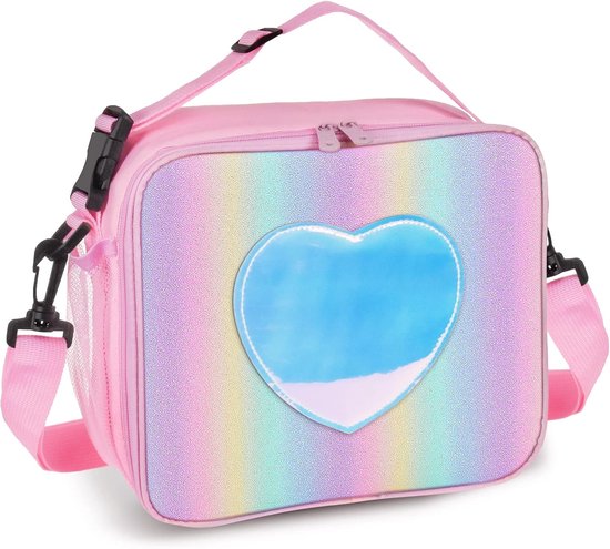 Lunchbox voor meisjes, geïsoleerde regenboogtas, lekvrije thermische koeltas, herbruikbare lunchtas voor school, kantoor en buiten (roze met riem) van Merkloos